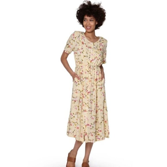 La Cera Womens Sundress Yellow Floral Mother of Pearl Button Down Size PS US 6-8 - Picture 1 of 6